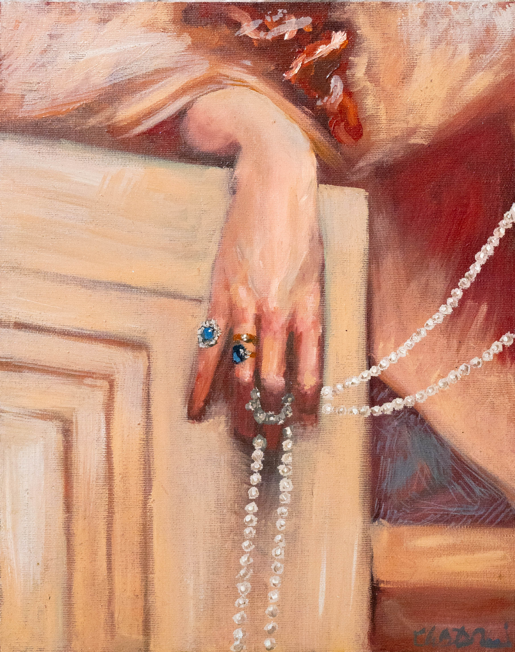 a 24082026-DSC_1000 oil painting, study of a detail of Sargent's work, a hand wearing jewels, holding a pearls necklace